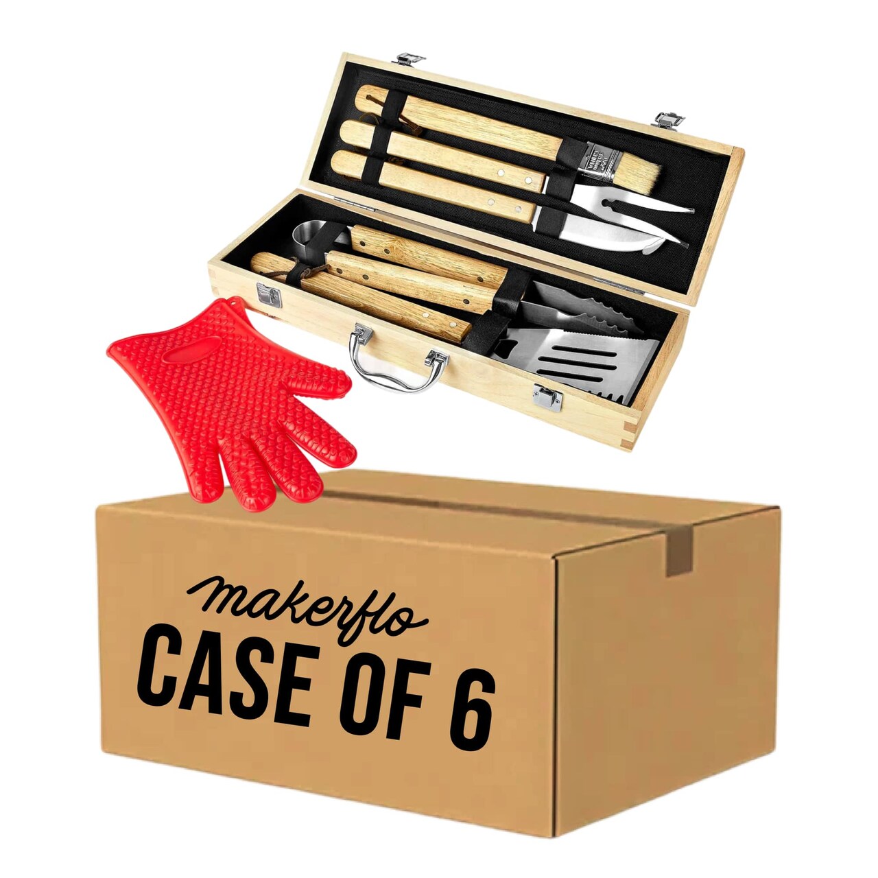 Makerflo 11 Pcs BBQ Grill Accessories Set Barbecue Rubber Wood Toolbox Stainless Steel Grill Utensils | Camping Grilling Rust Free Kit Ideal for Craft- Laser Engraving Epoxy, UV DTF, Vinyl - Case of 6